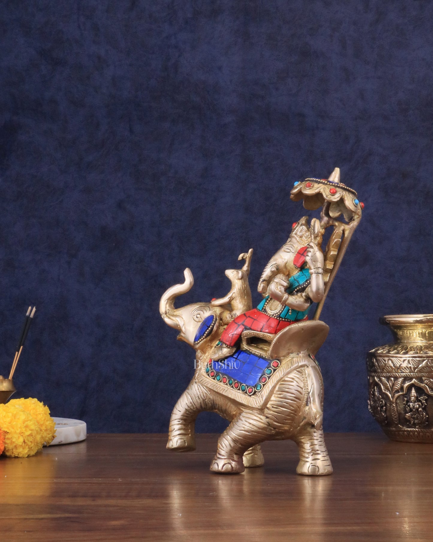 Ganesha sitting on elephant meenakari brass statue