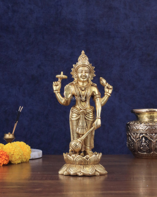 Pure Brass Sathya Narayana Vishnu on Lotus Statue - 9"