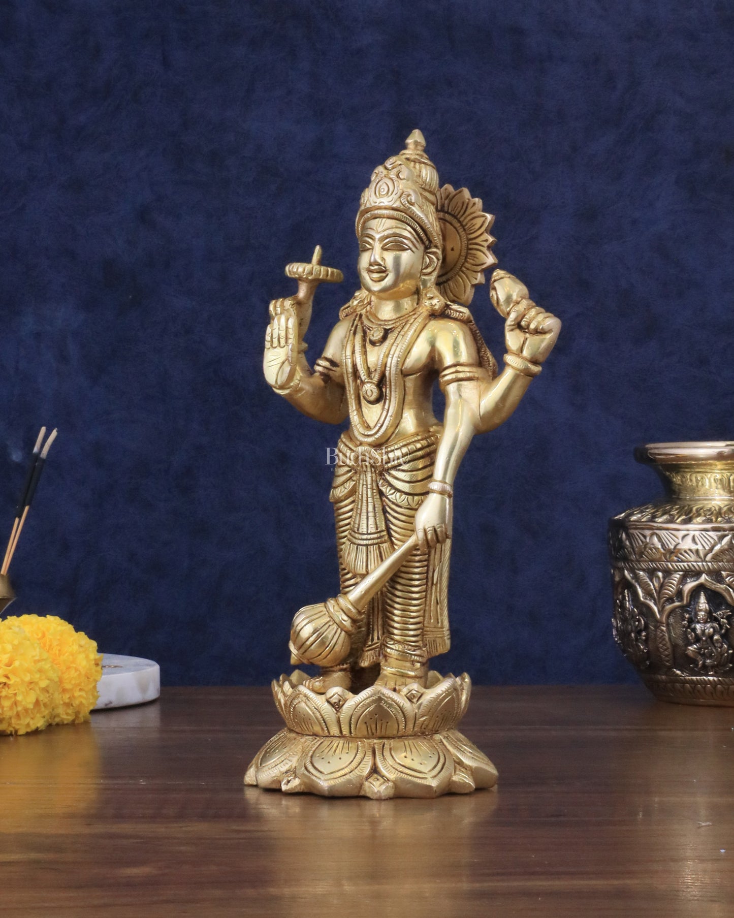 Pure Brass Sathya Narayana Vishnu on Lotus Statue - 9"