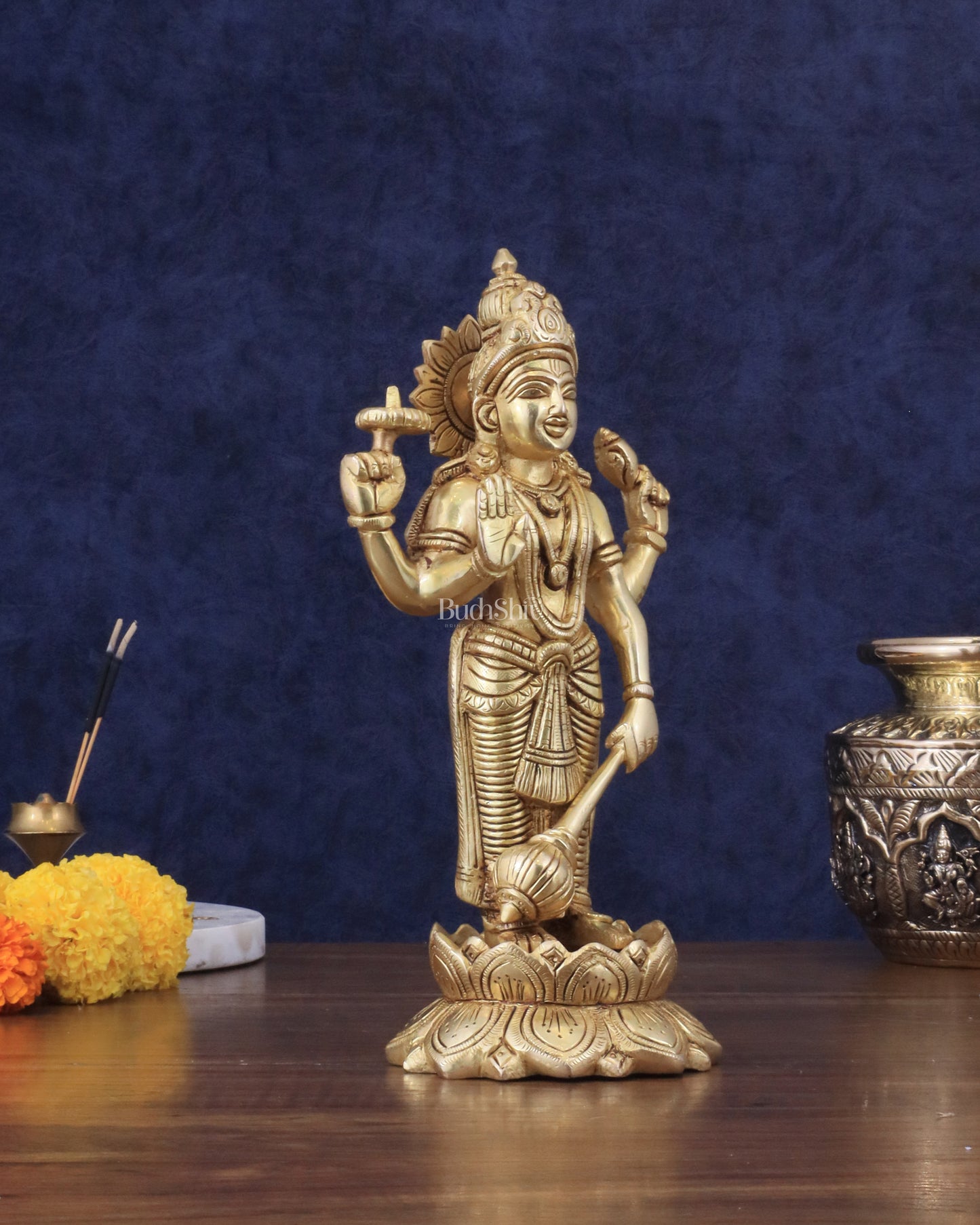 Pure Brass Sathya Narayana Vishnu on Lotus Statue - 9"