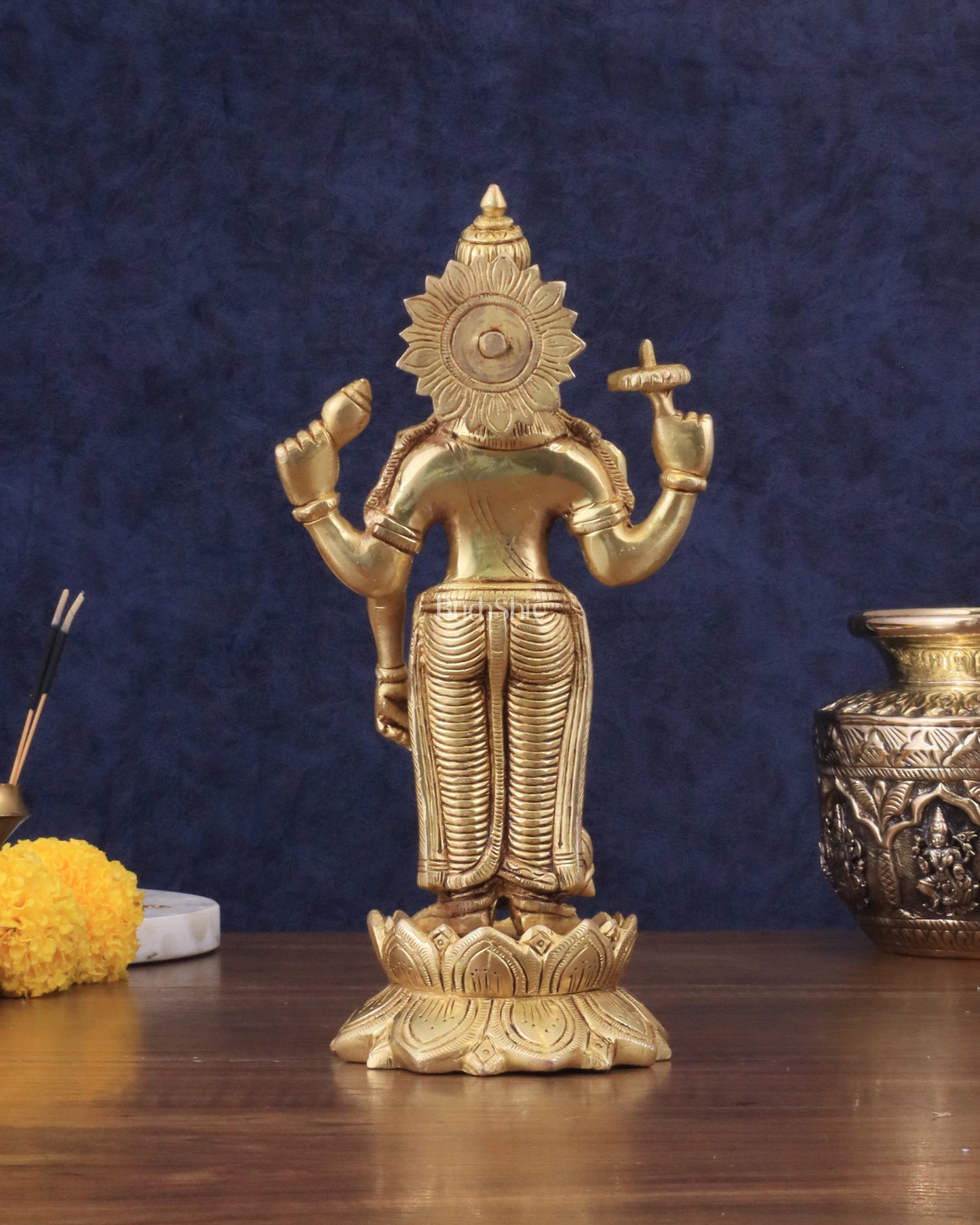 Pure Brass Sathya Narayana Vishnu on Lotus Statue - 9"