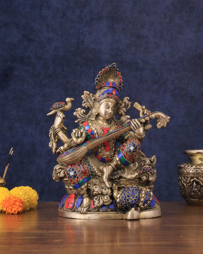 Saraswati brass idol 11 inch with Stonework