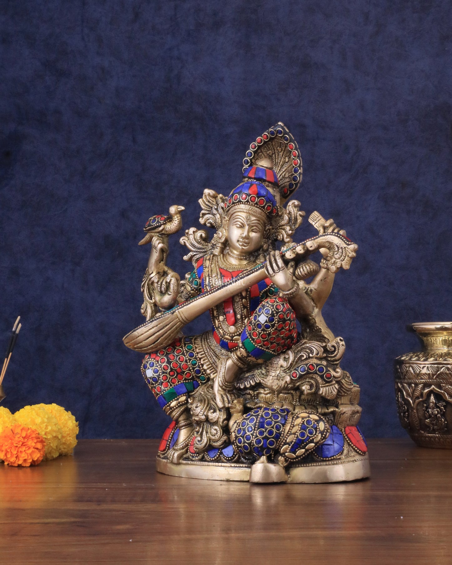 Saraswati brass idol 11 inch with Stonework