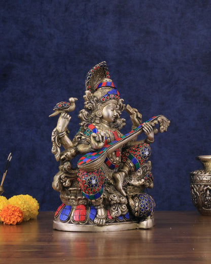 Saraswati brass idol 11 inch with Stonework