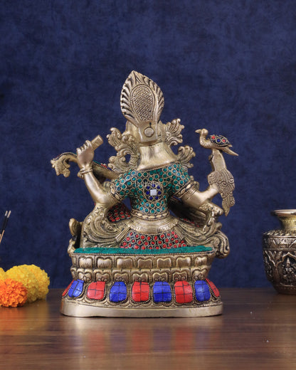 Saraswati brass idol 11 inch with Stonework