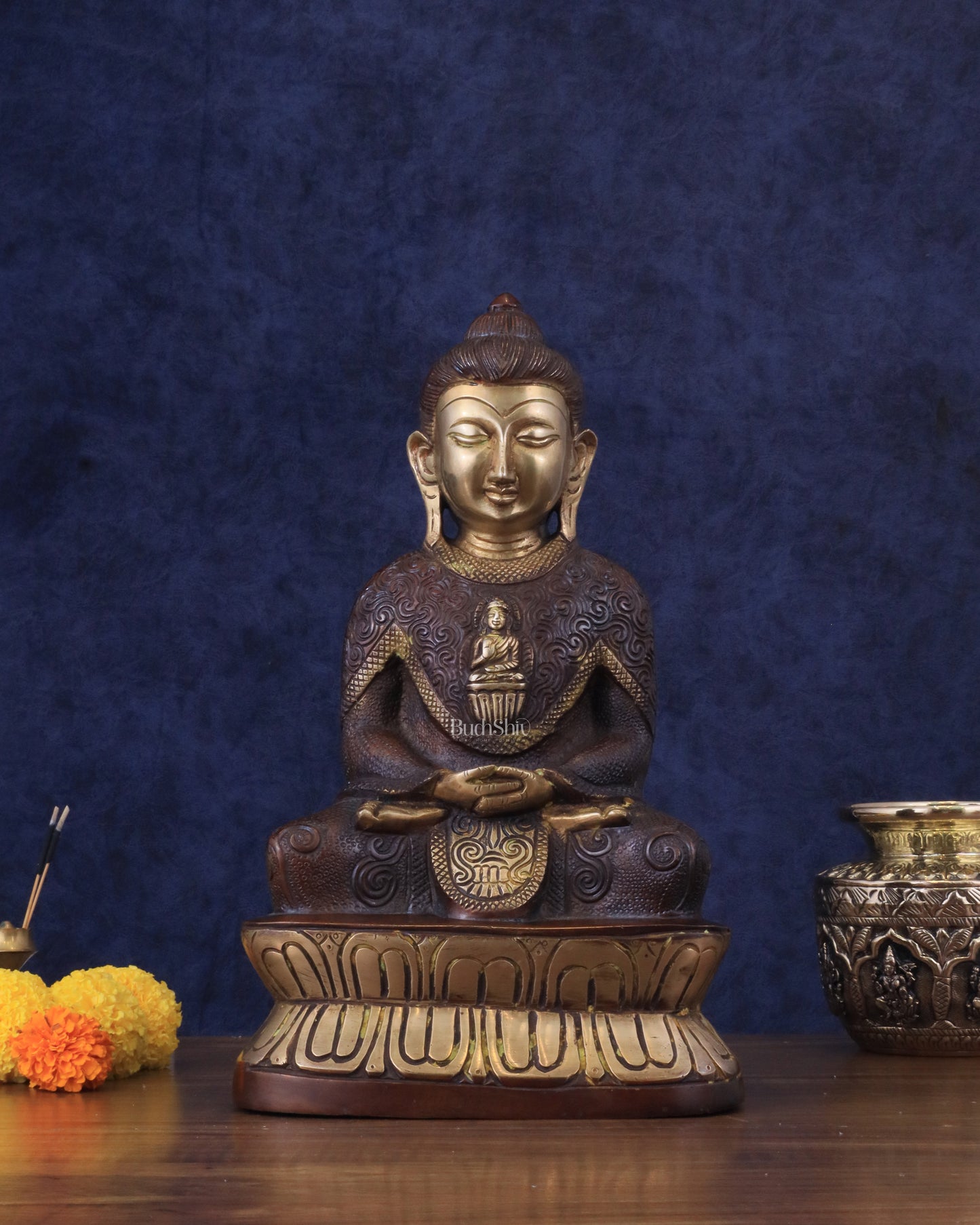 Pure Brass Buddha in Meditation with Unique Carvings - Dual Tone Brown & Gold, 13.5"