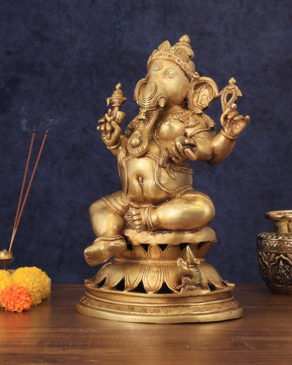 Pure Brass Chola Style Ganesha Statue in golden Tone - 13"