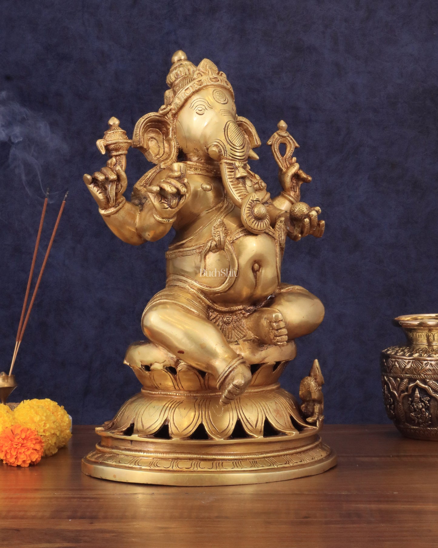 Pure Brass Chola Style Ganesha Statue in golden Tone - 13"