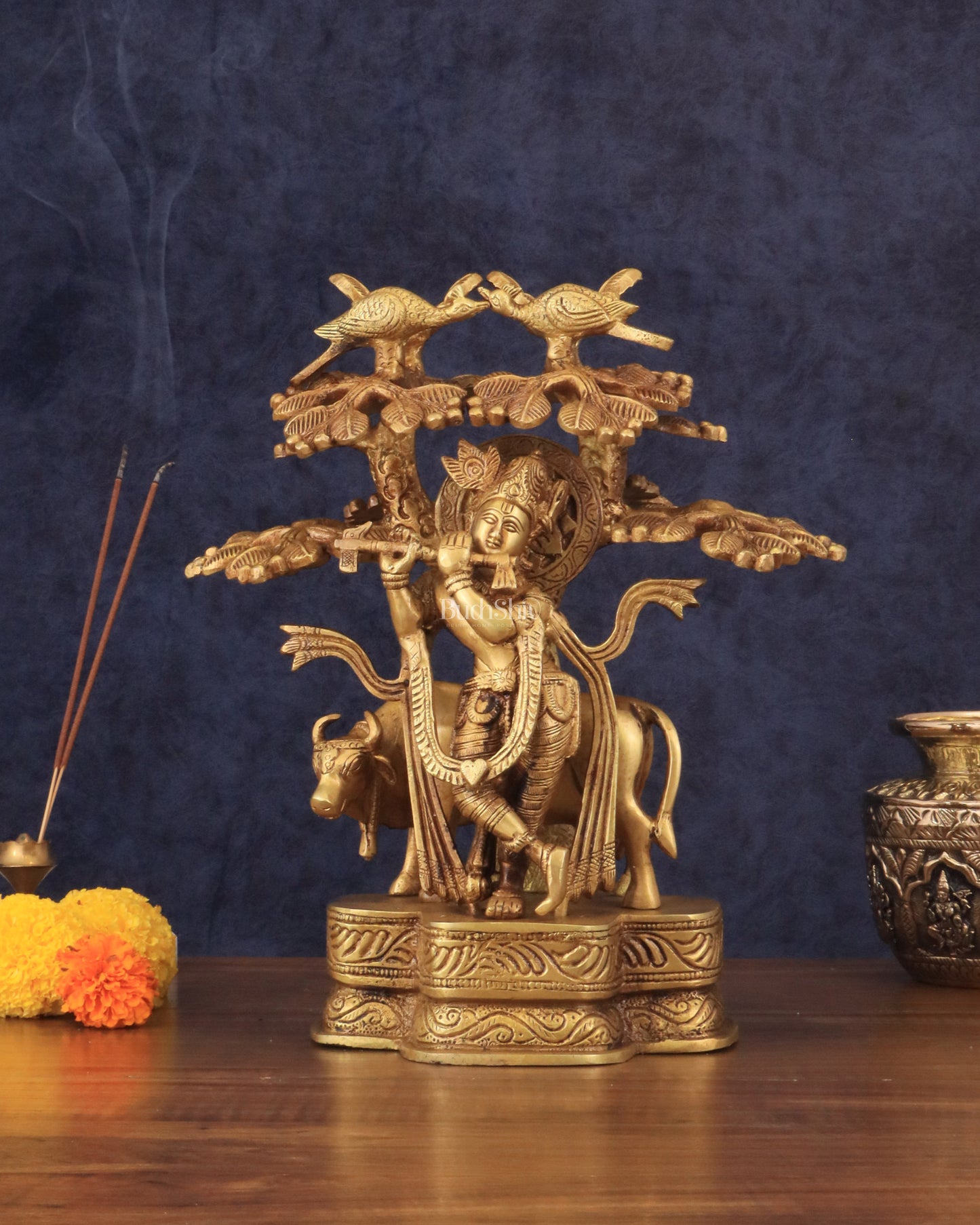 Pure Brass Lord Krishna with Cow Under a Tree Statue 12 inch