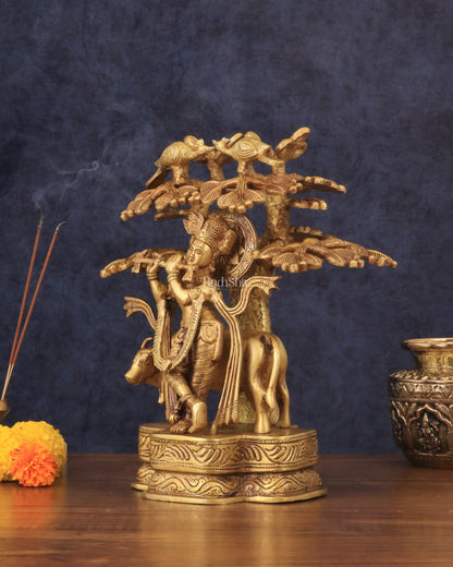 Pure Brass Lord Krishna with Cow Under a Tree Statue 12 inch