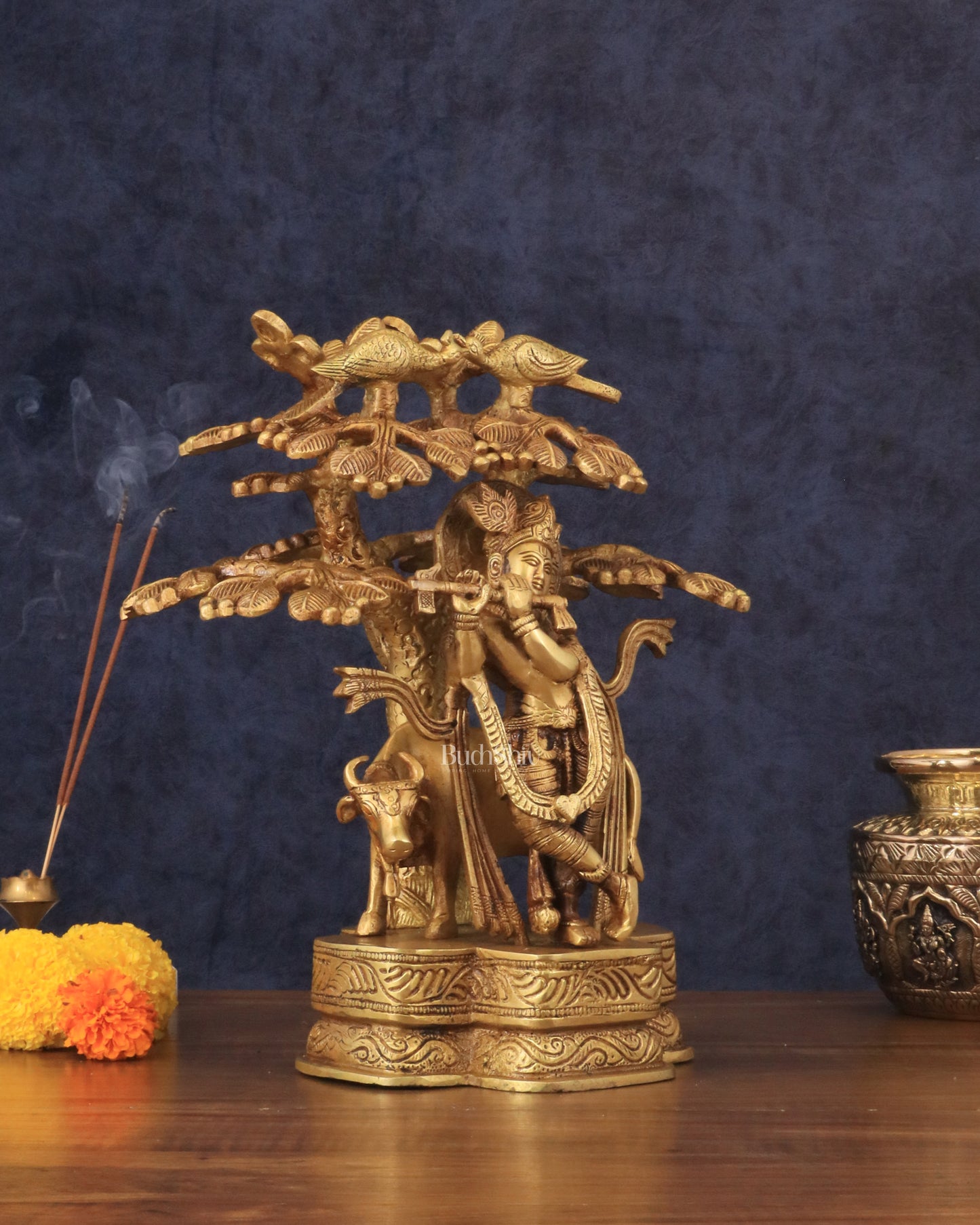 Pure Brass Lord Krishna with Cow Under a Tree Statue 12 inch