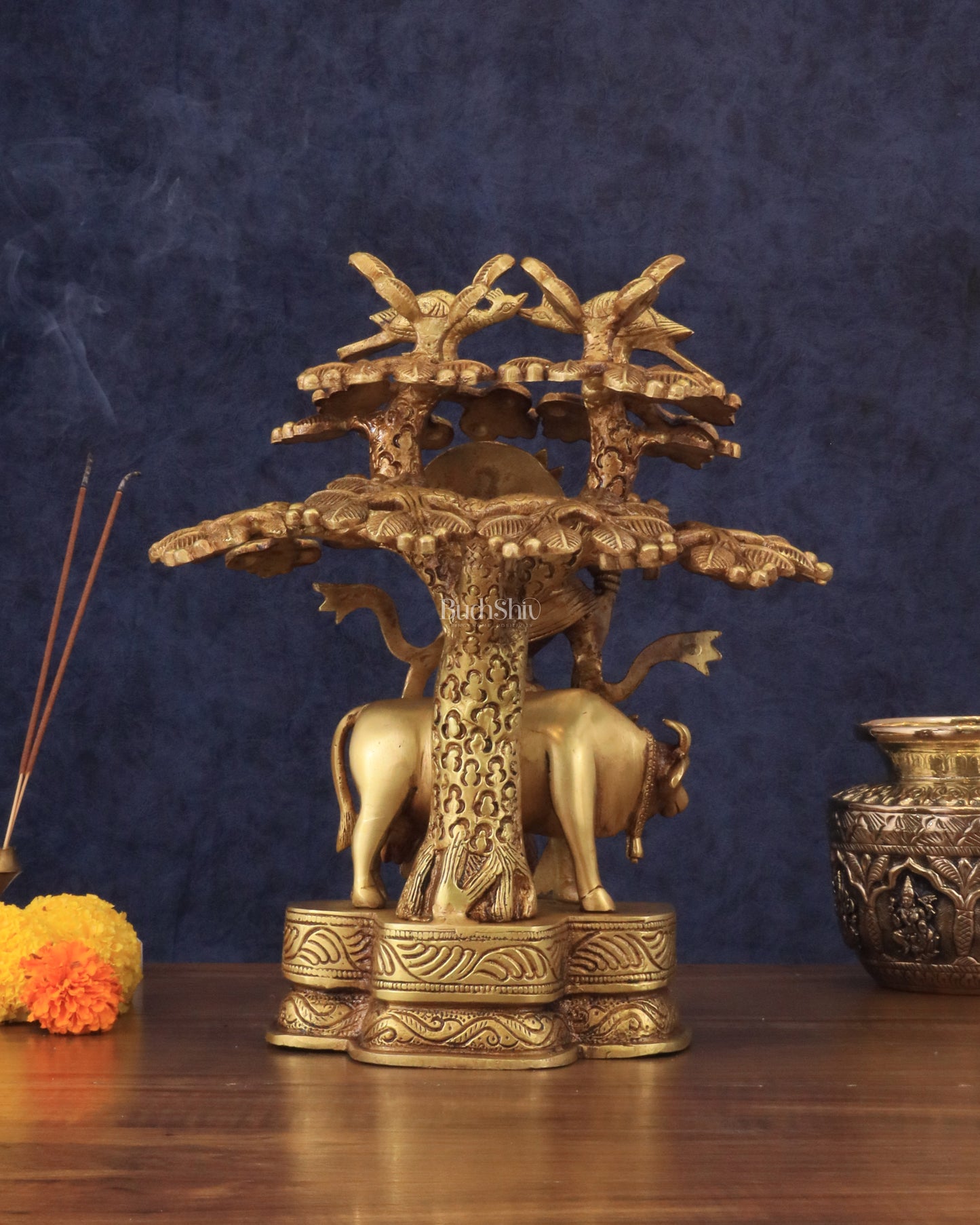 Pure Brass Lord Krishna with Cow Under a Tree Statue 12 inch