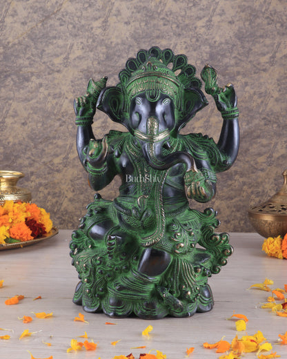 Unique Pure Brass Lord Ganesha Idol with Black and Green Patina Finish 7.5"