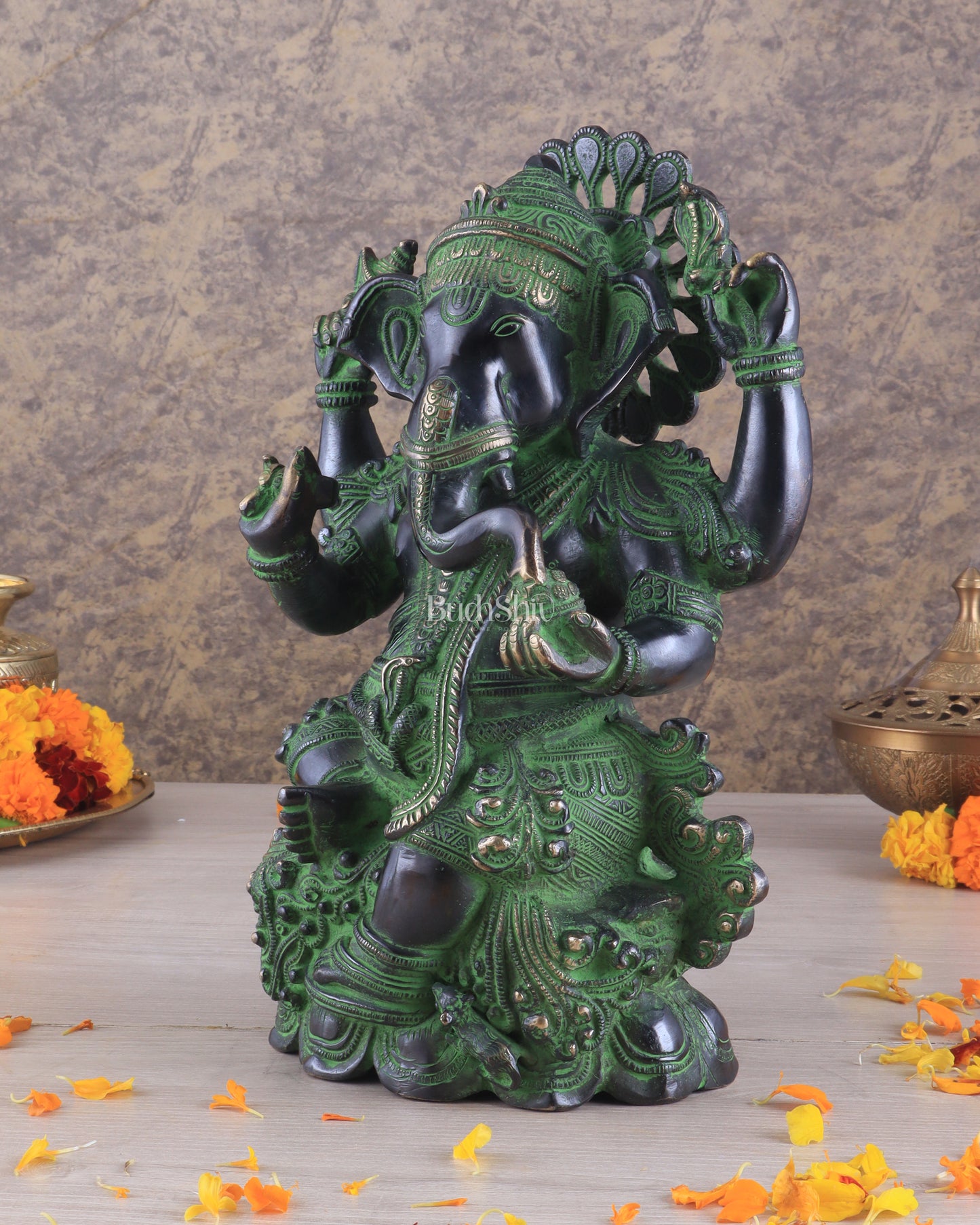 Unique Pure Brass Lord Ganesha Idol with Black and Green Patina Finish 7.5"