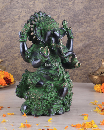 Unique Pure Brass Lord Ganesha Idol with Black and Green Patina Finish 7.5"