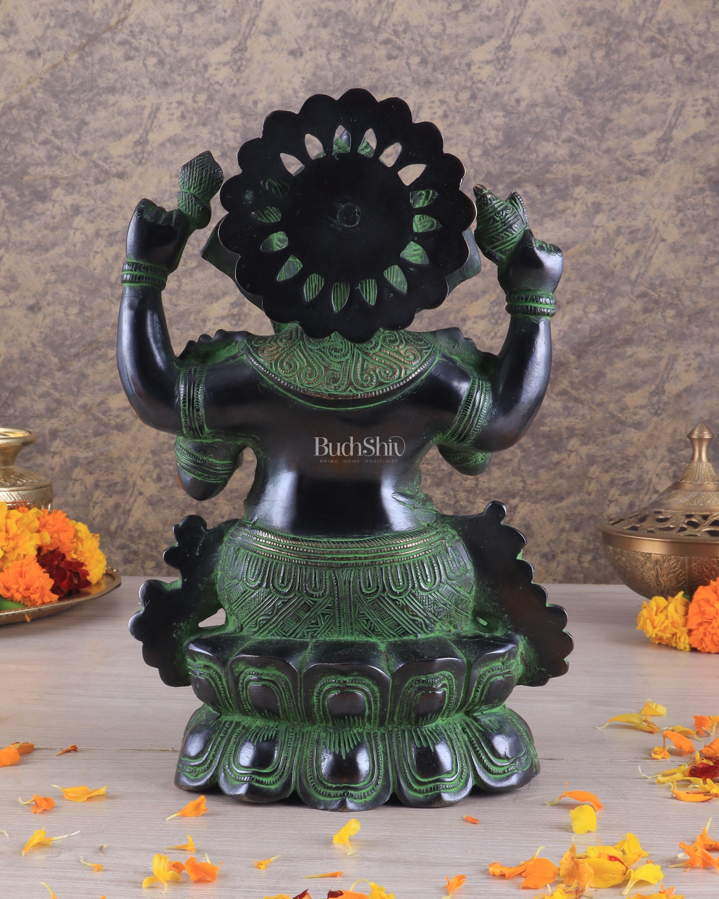 Unique Pure Brass Lord Ganesha Idol with Black and Green Patina Finish 7.5"