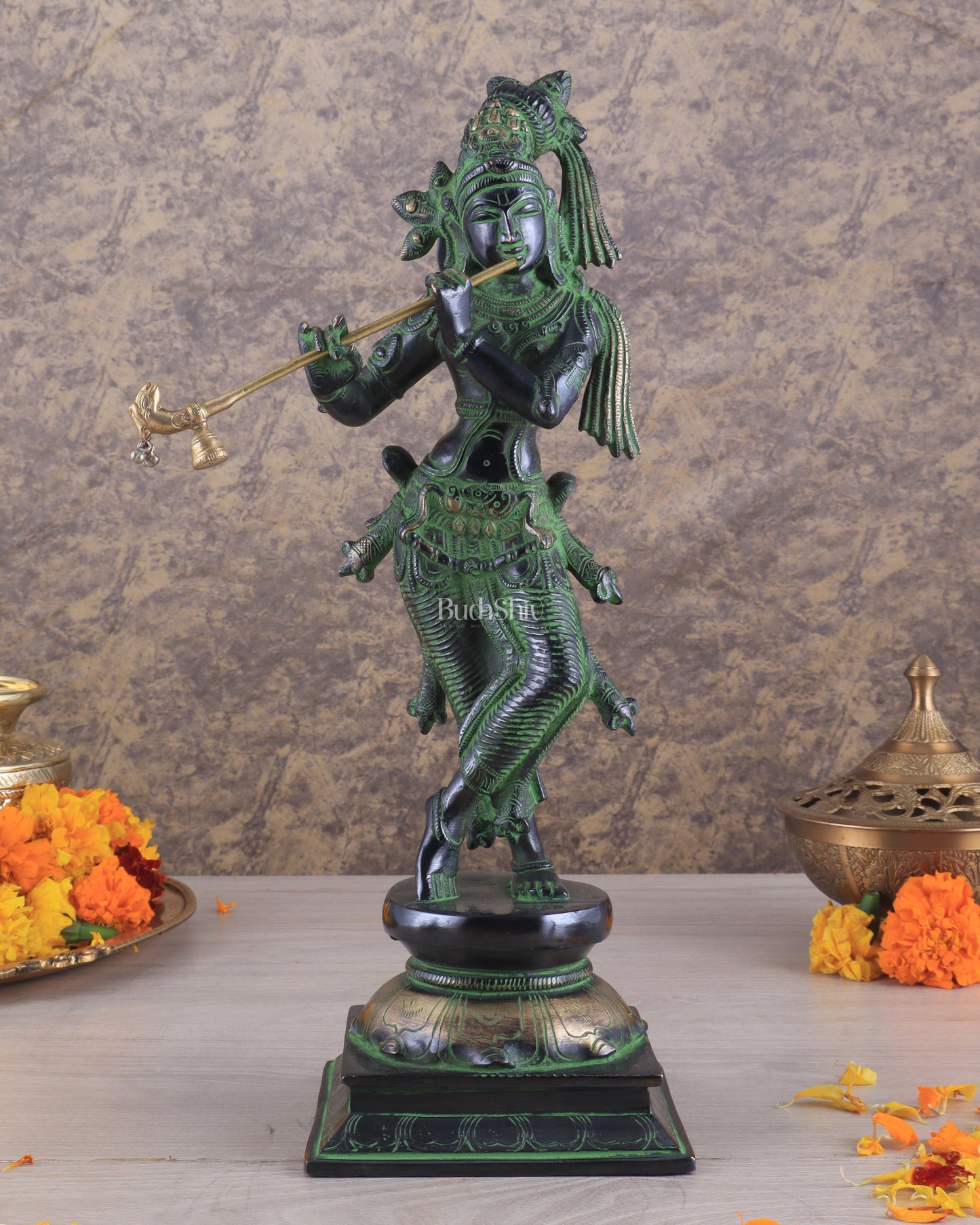 Brass Superfine Lord Krishna with Unique Crown Idol | Height: 14.5 inch black and green patina