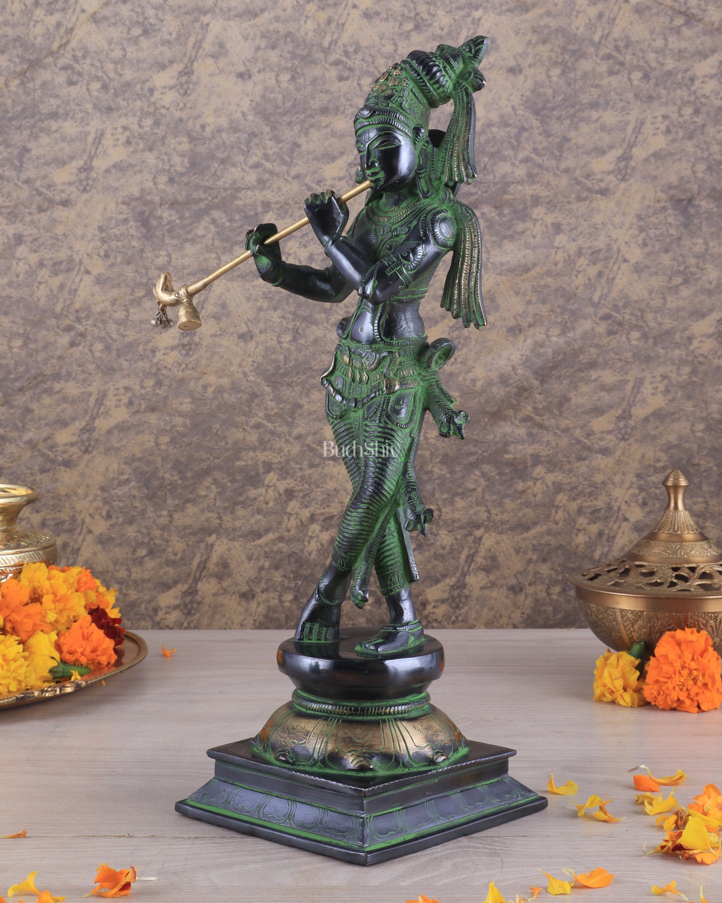 Brass Superfine Lord Krishna with Unique Crown Idol | Height: 14.5 inch black and green patina