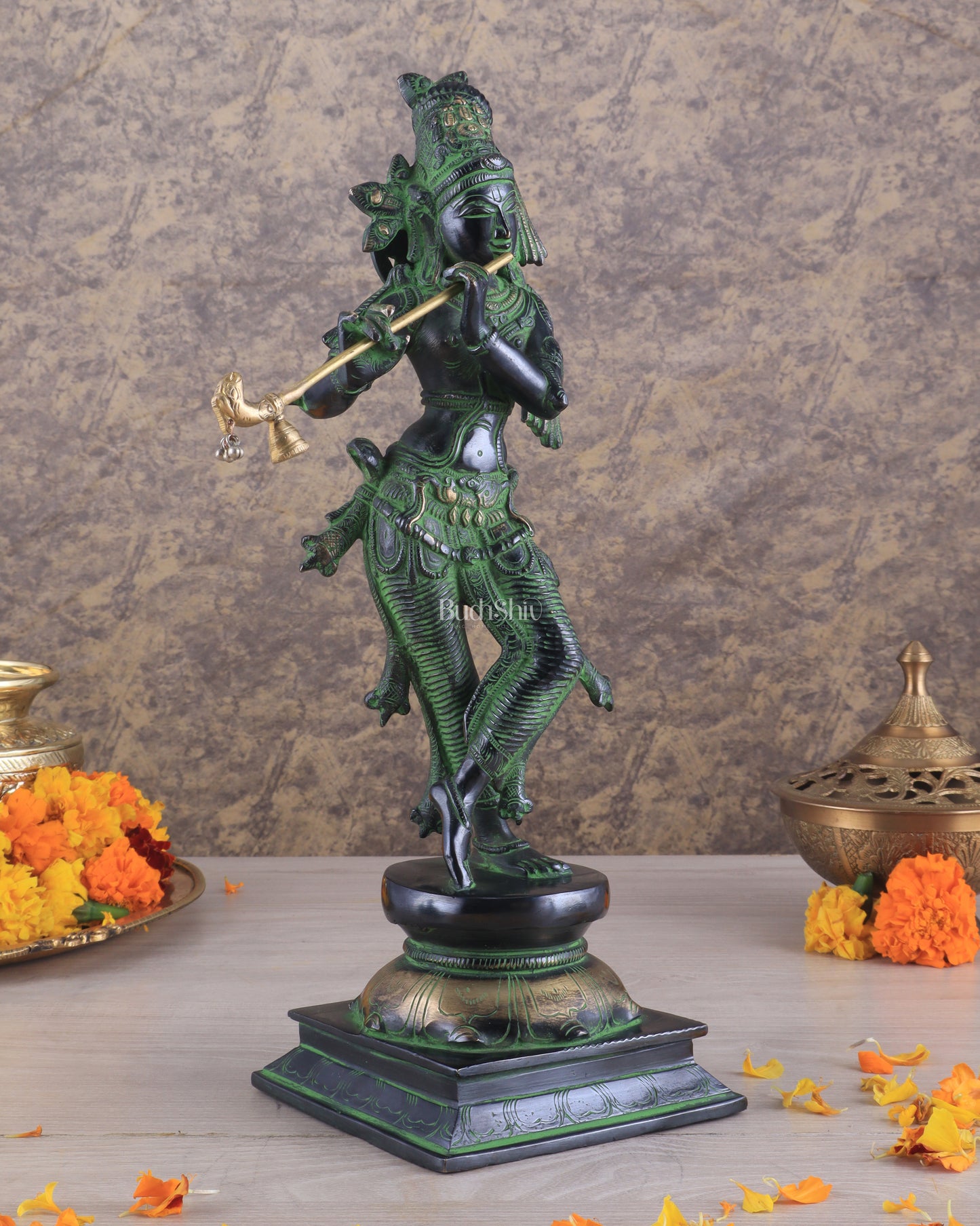 Brass Superfine Lord Krishna with Unique Crown Idol | Height: 14.5 inch black and green patina