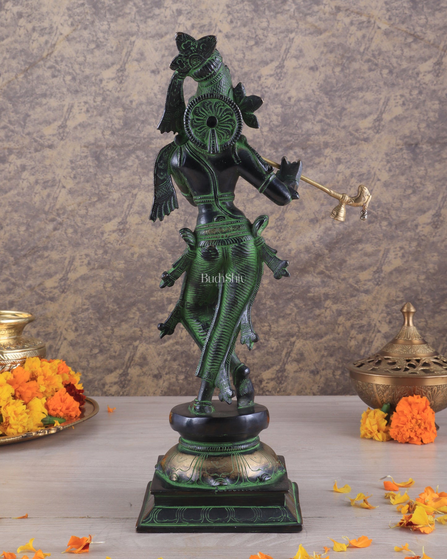 Brass Superfine Lord Krishna with Unique Crown Idol | Height: 14.5 inch black and green patina