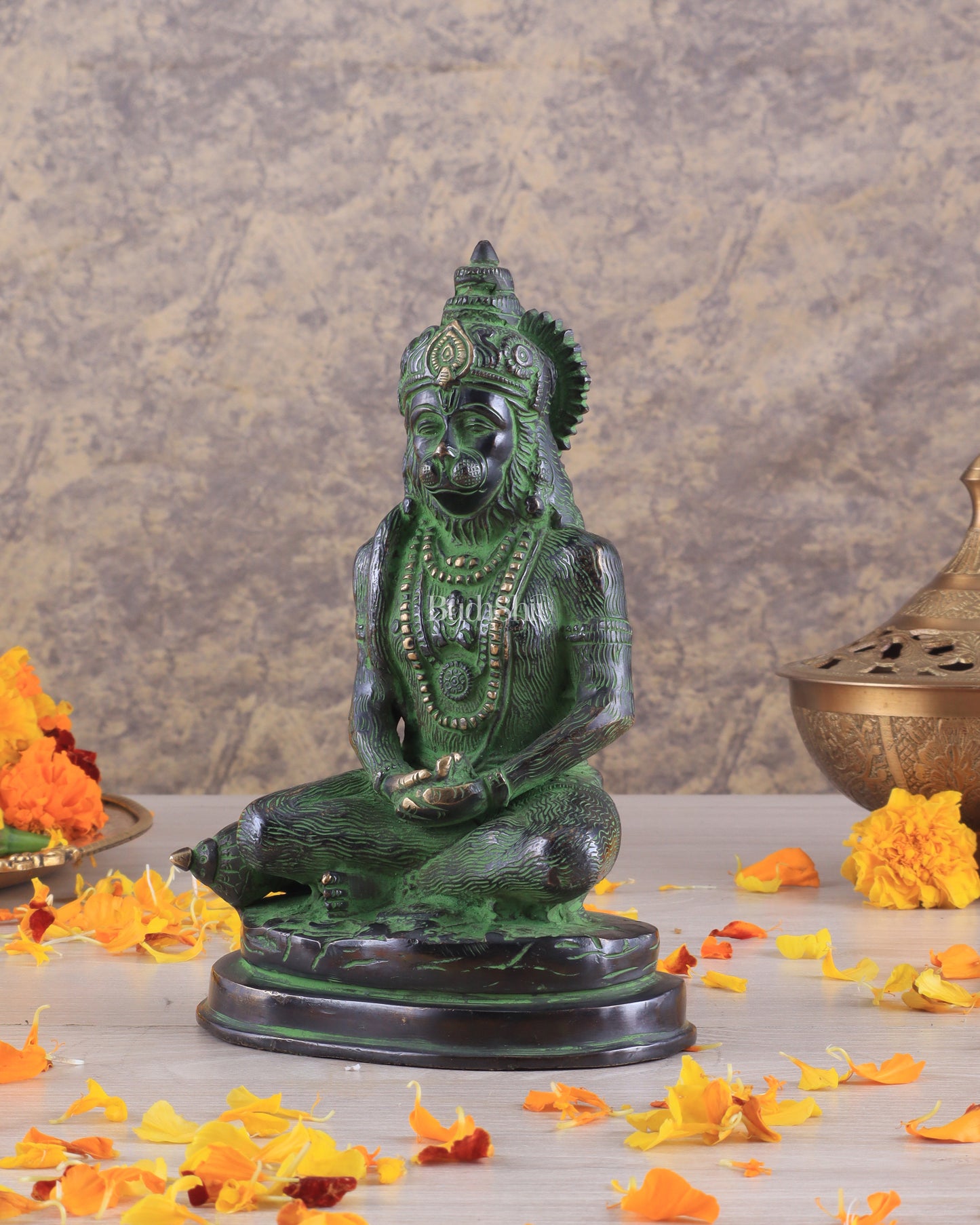 Pure Brass Hanuman Statue | black and green 7 inch