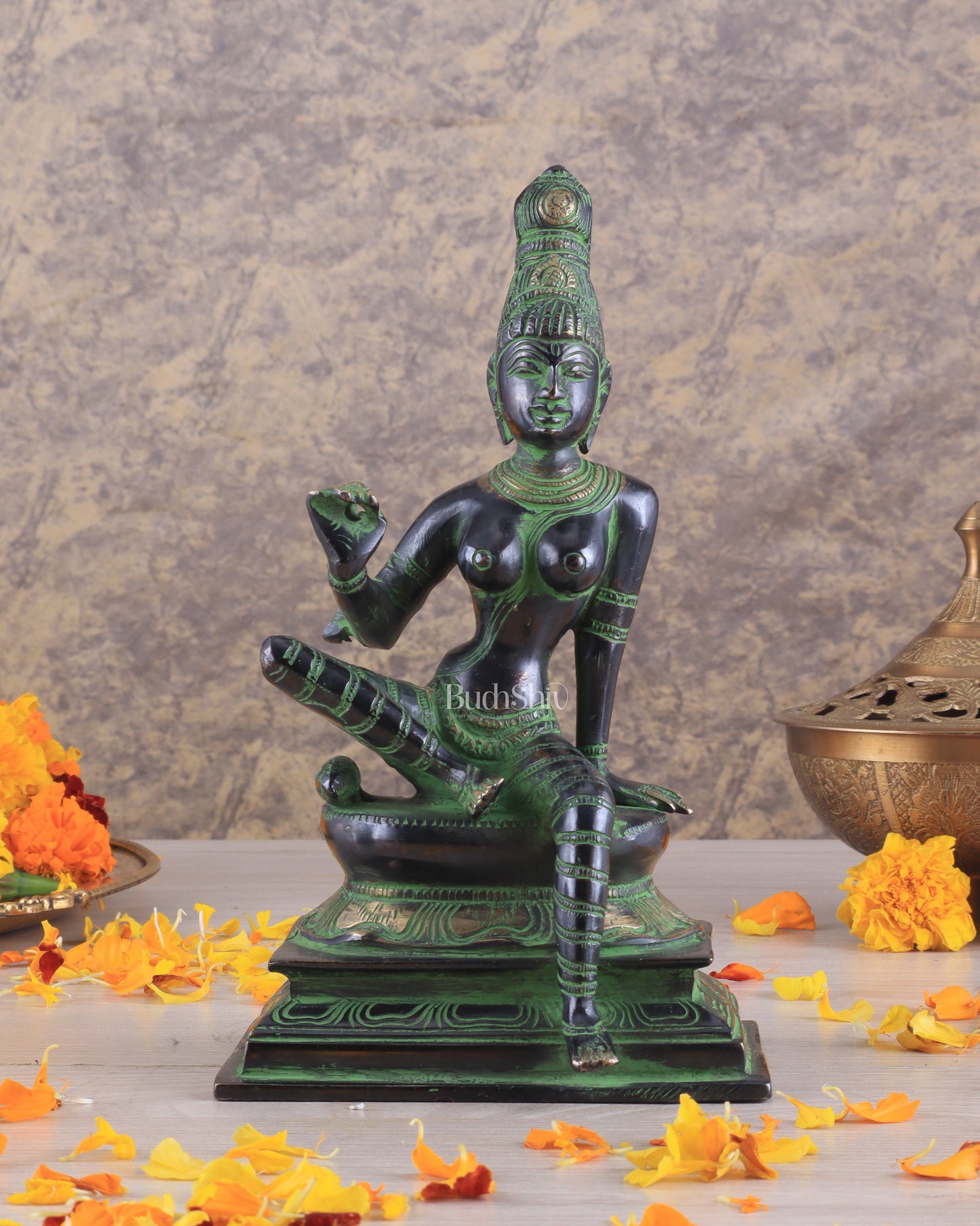 Elegant Pure Brass Seated Parvati Idol – 9 Inch Height black and green tone