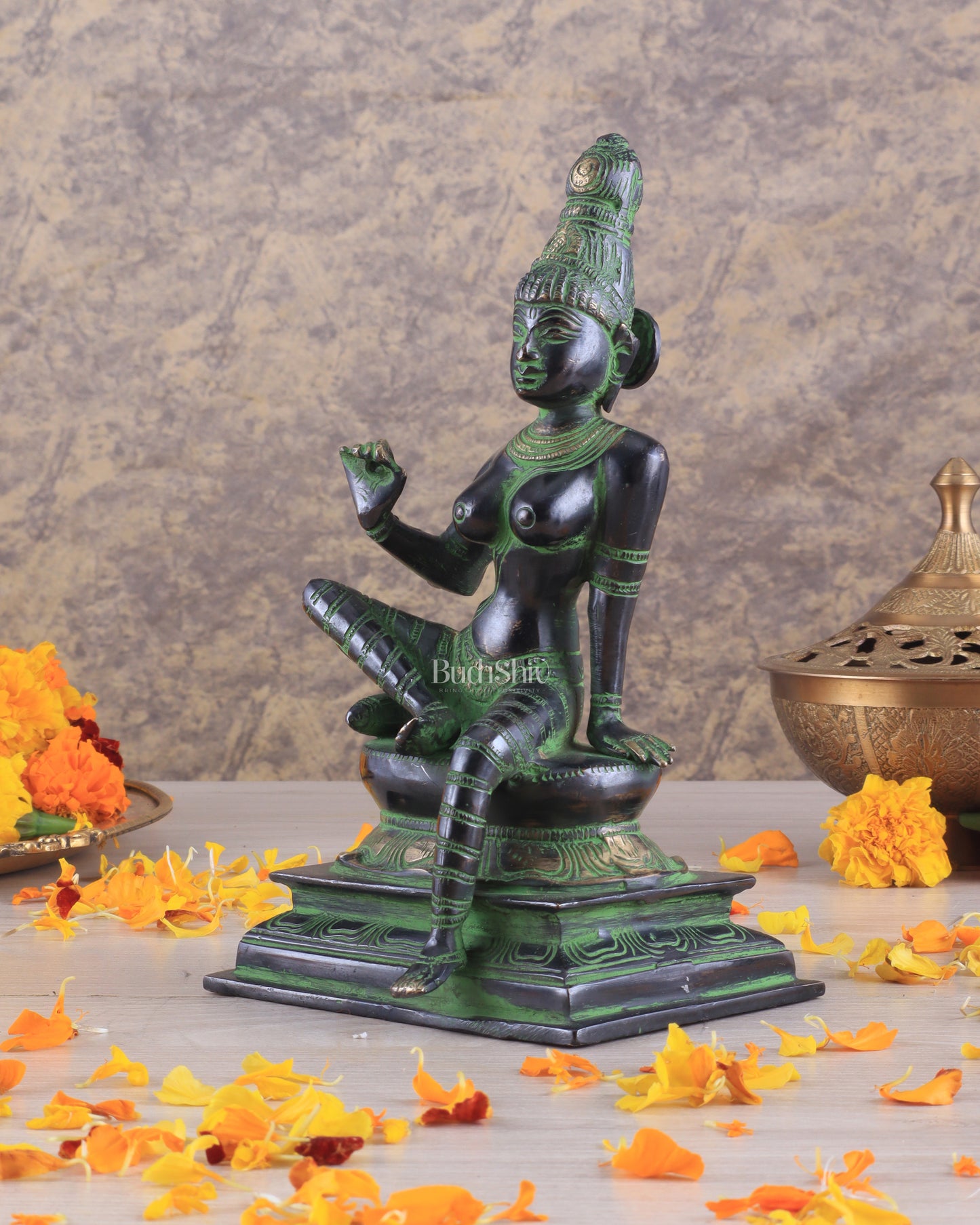 Elegant Pure Brass Seated Parvati Idol – 9 Inch Height black and green tone