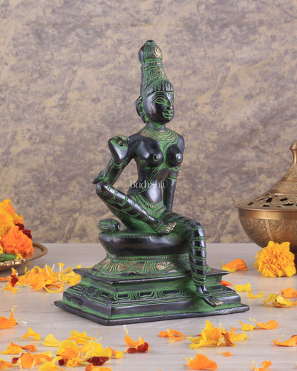 Elegant Pure Brass Seated Parvati Idol – 9 Inch Height black and green tone