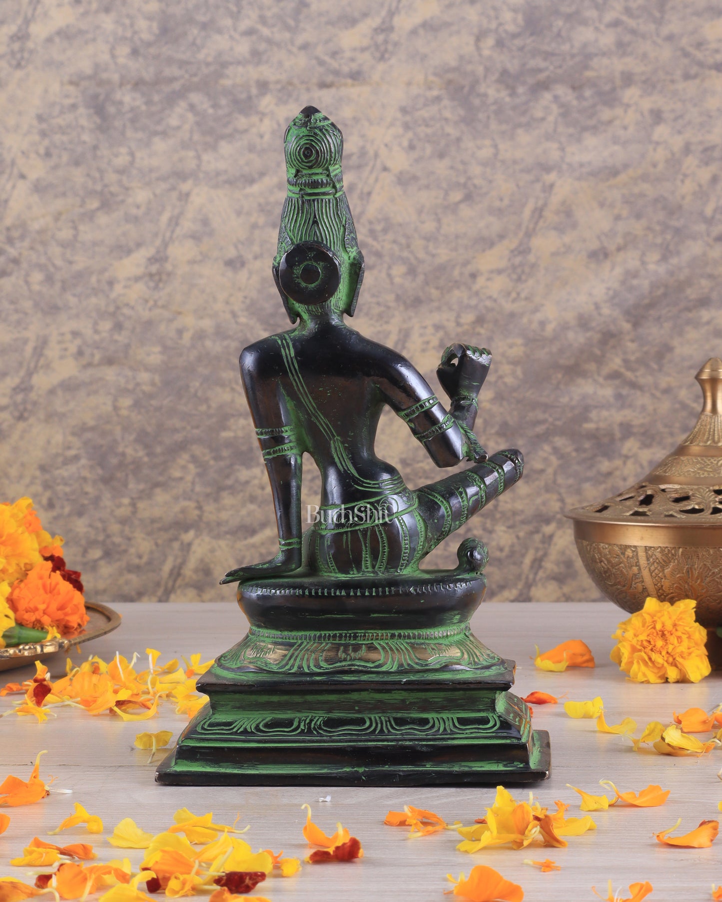 Elegant Pure Brass Seated Parvati Idol – 9 Inch Height black and green tone