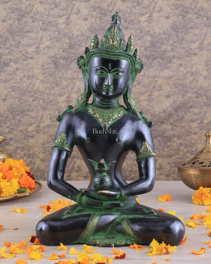 Pure Brass Meditating Buddha Statue - Antique black and green Finish, 13" Height