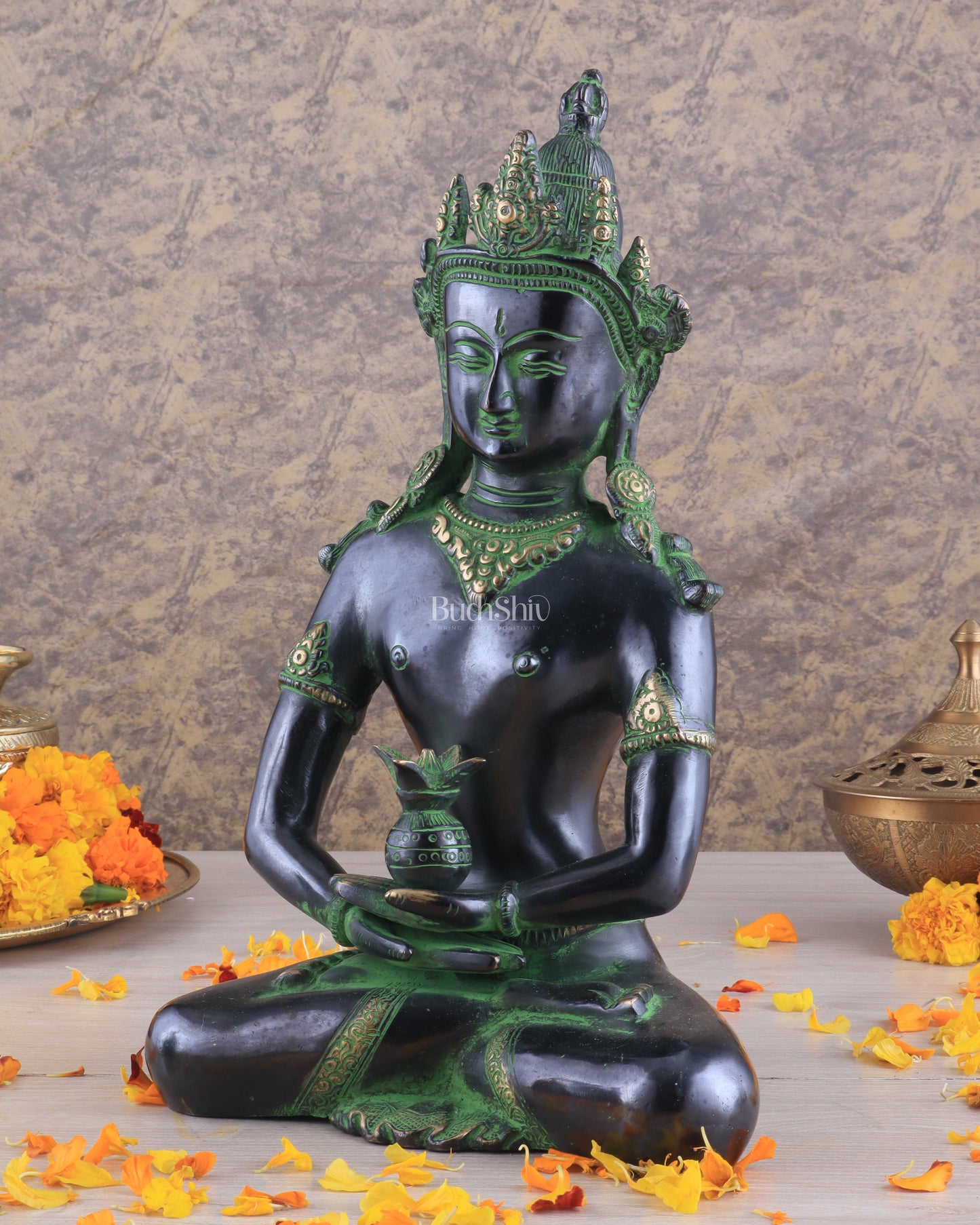 Pure Brass Meditating Buddha Statue - Antique black and green Finish, 13" Height