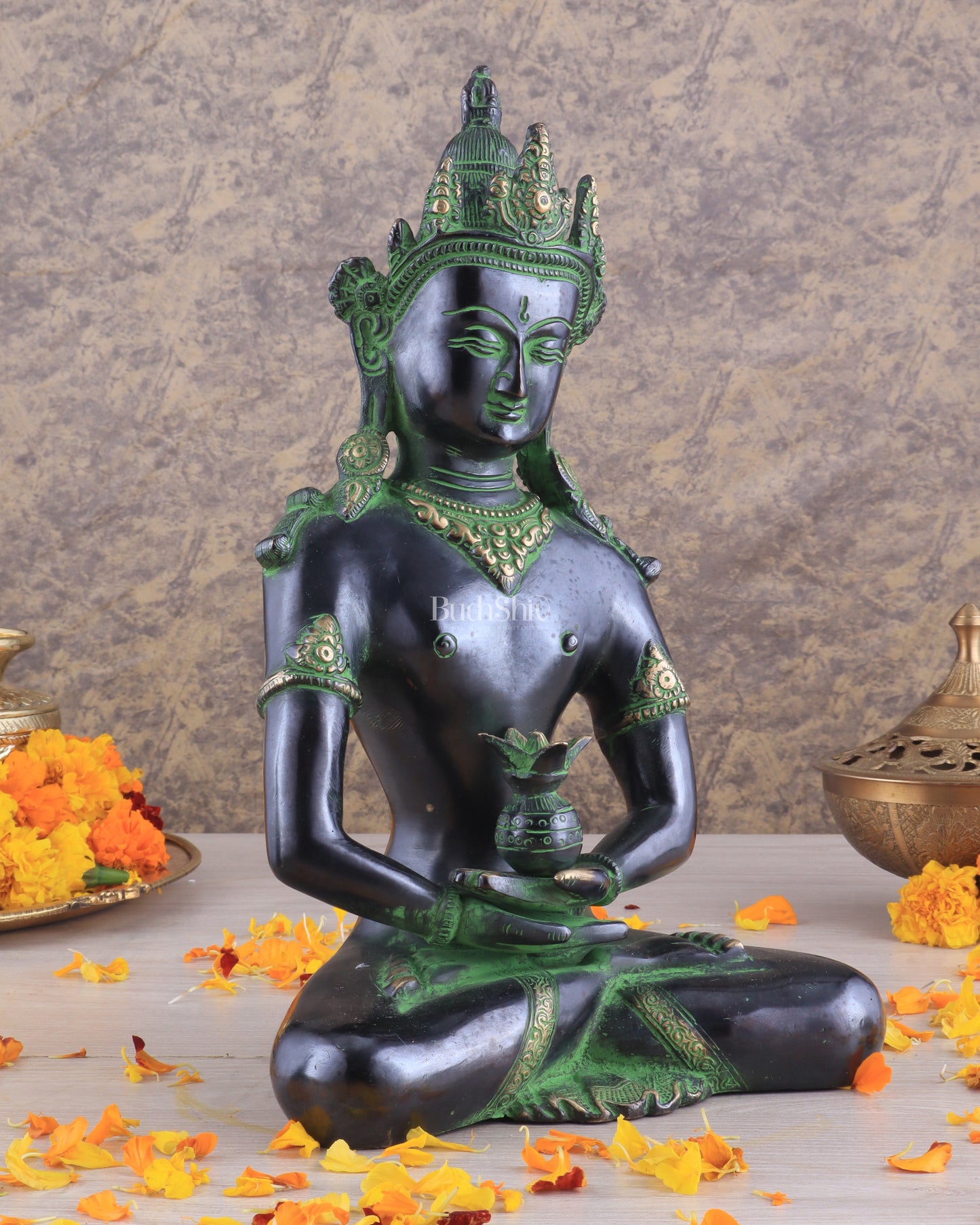 Pure Brass Meditating Buddha Statue - Antique black and green Finish, 13" Height