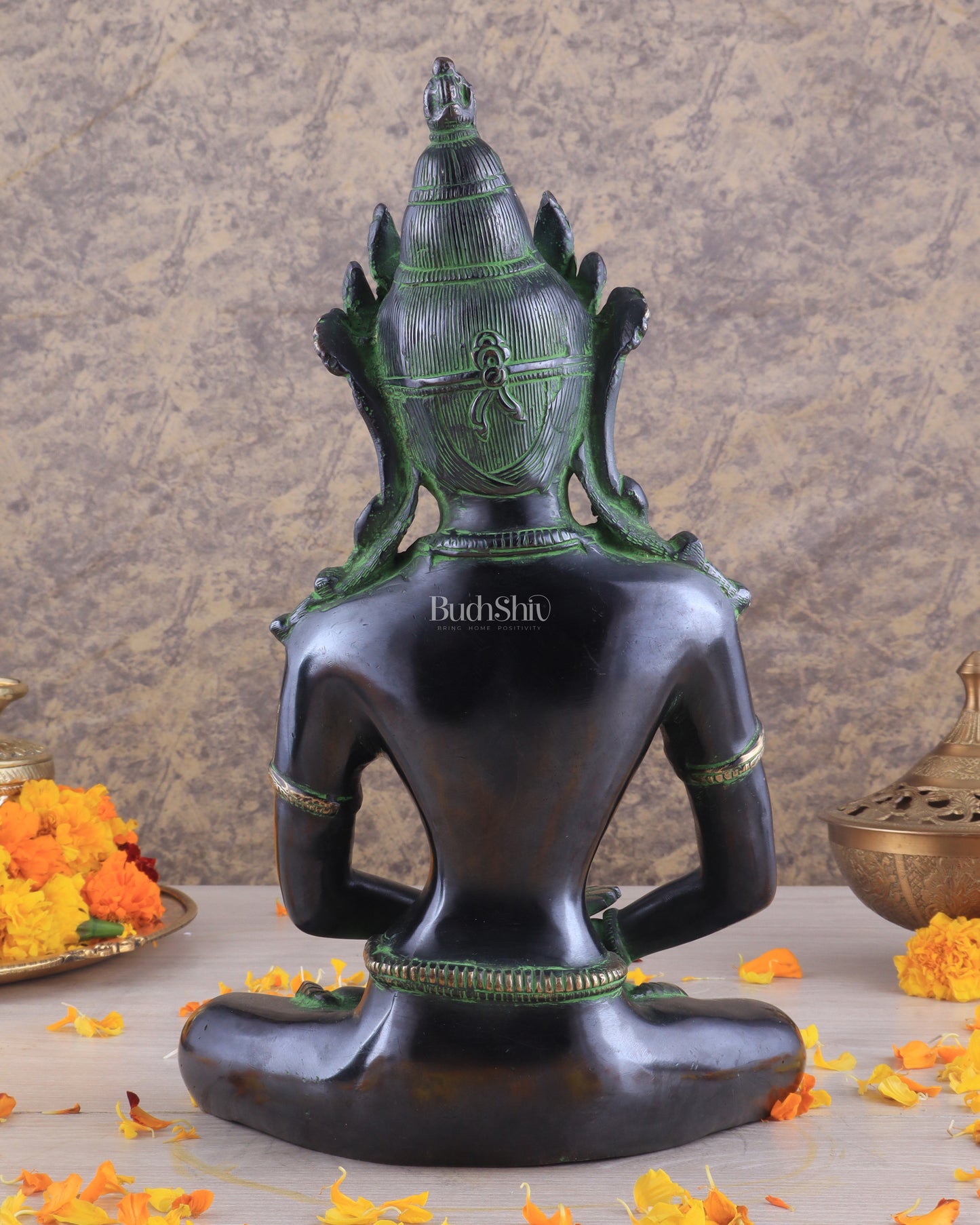 Pure Brass Meditating Buddha Statue - Antique black and green Finish, 13" Height