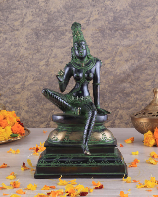 Pure Brass Superfine Seated Parvati Idol black and green Finish - 11" Tall