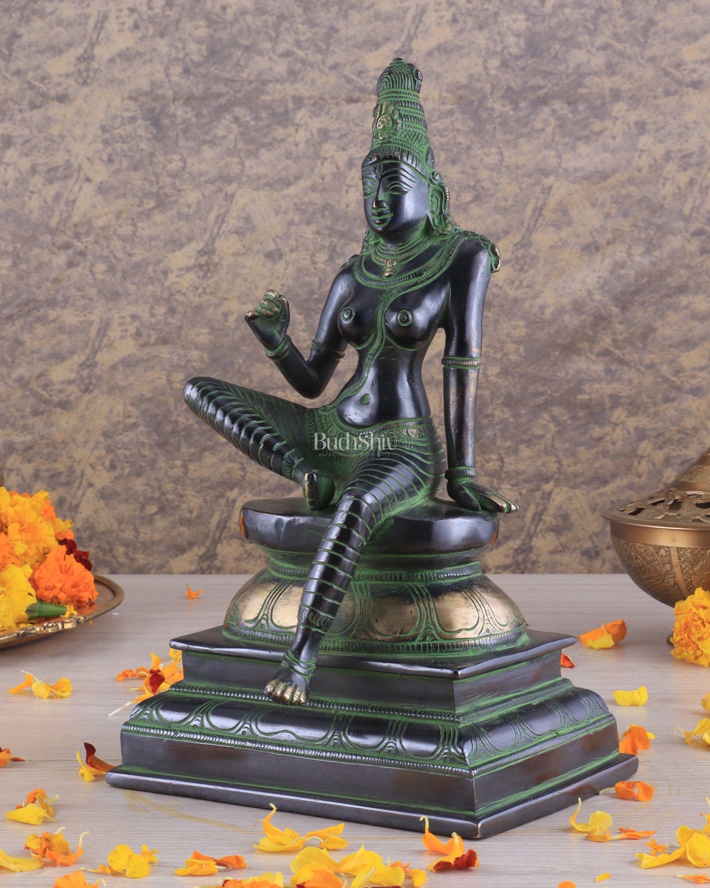 Pure Brass Superfine Seated Parvati Idol black and green Finish - 11" Tall