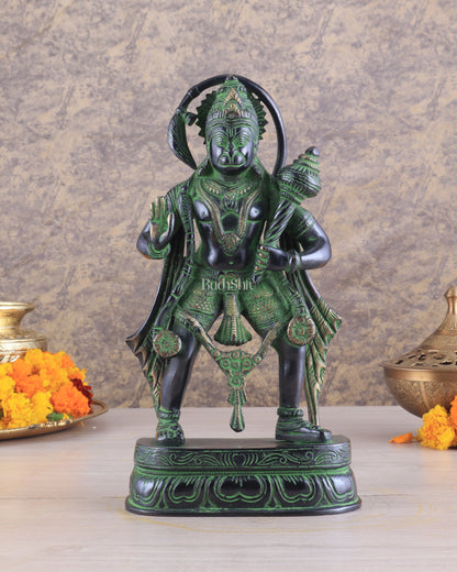 Pure Brass Standing Lord Hanuman Statue with Black and Green Tone 11 inch