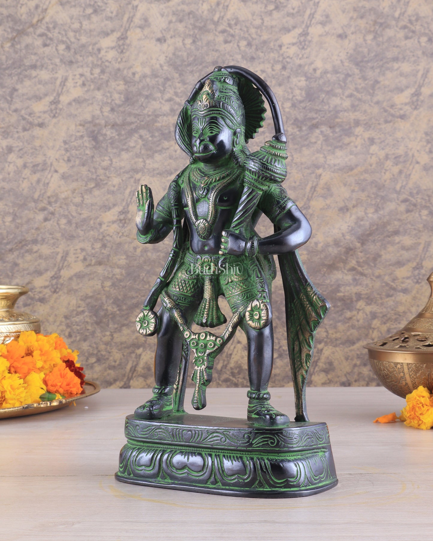 Pure Brass Standing Lord Hanuman Statue with Black and Green Tone 11 inch