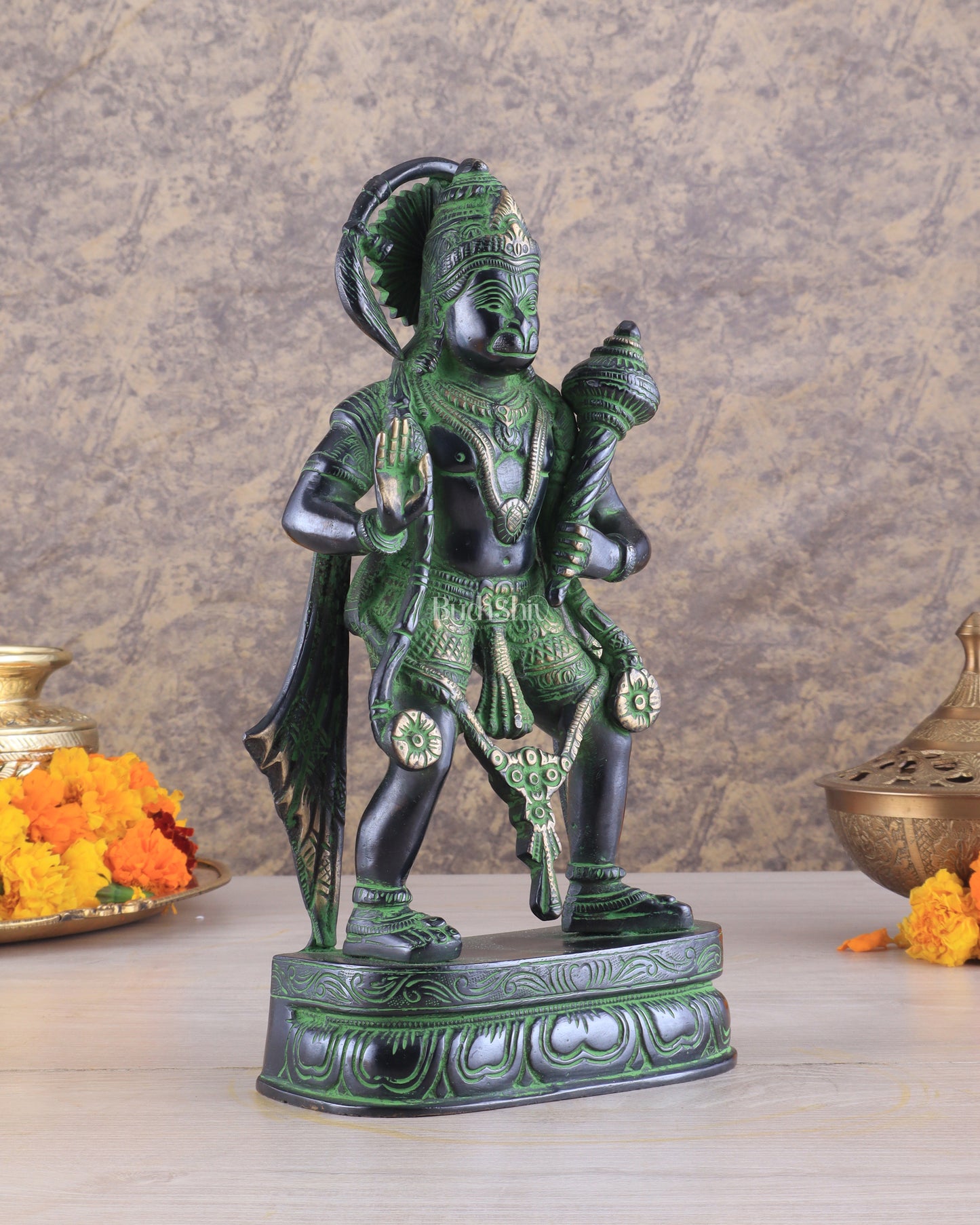 Pure Brass Standing Lord Hanuman Statue with Black and Green Tone 11 inch