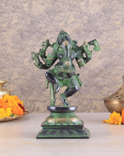 Unique Brass Dancing Ganesha - Nritya Ganapati Statue, Vintage Black and Green Tone Sculpture