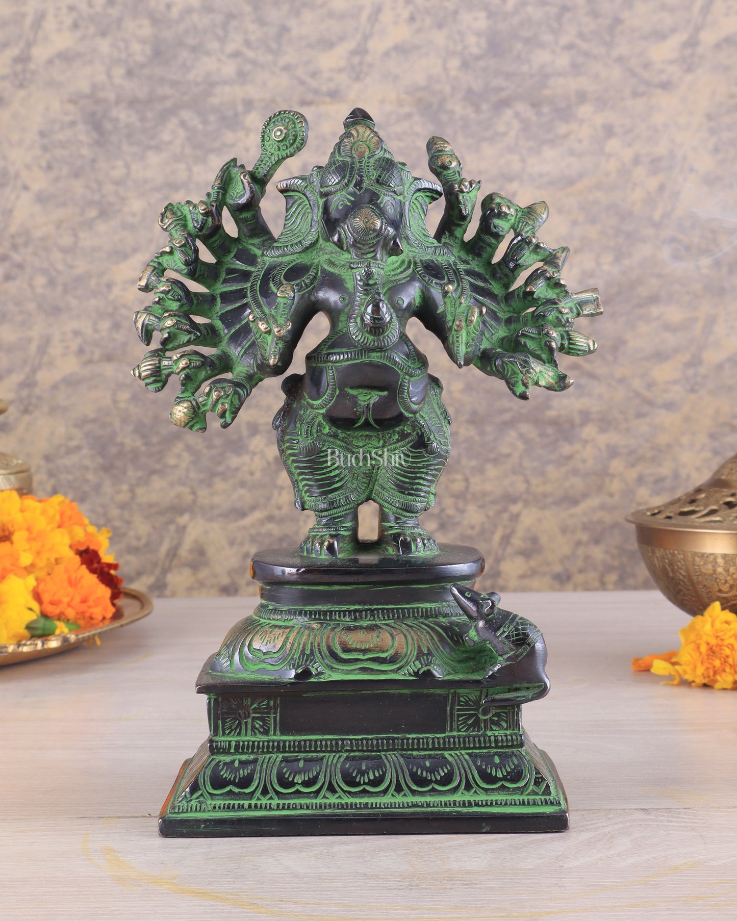 Brass Standing Lord Ganesha Idol with 16 Arms - 8.5 Inch black and green patina tone