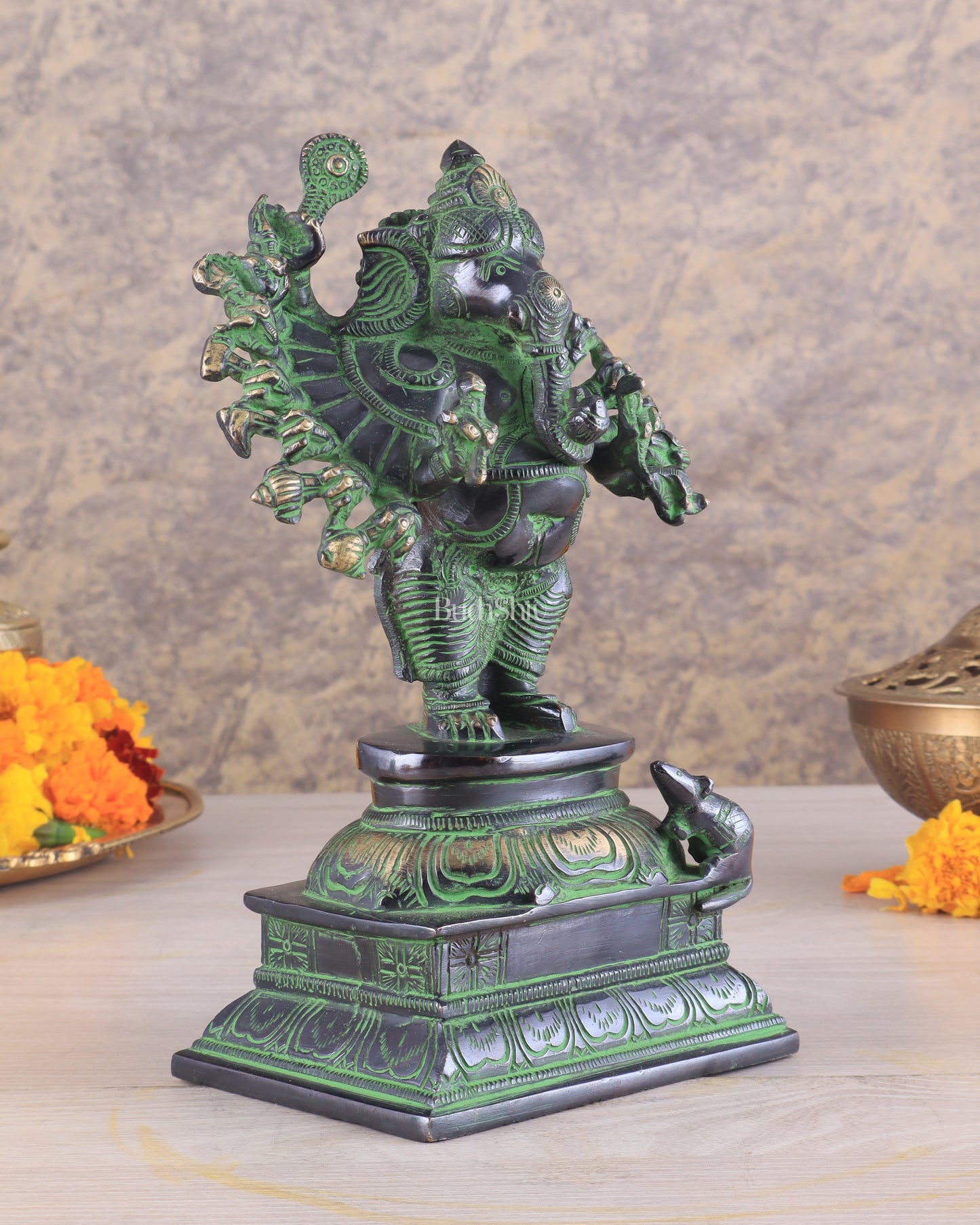 Brass Standing Lord Ganesha Idol with 16 Arms - 8.5 Inch black and green patina tone