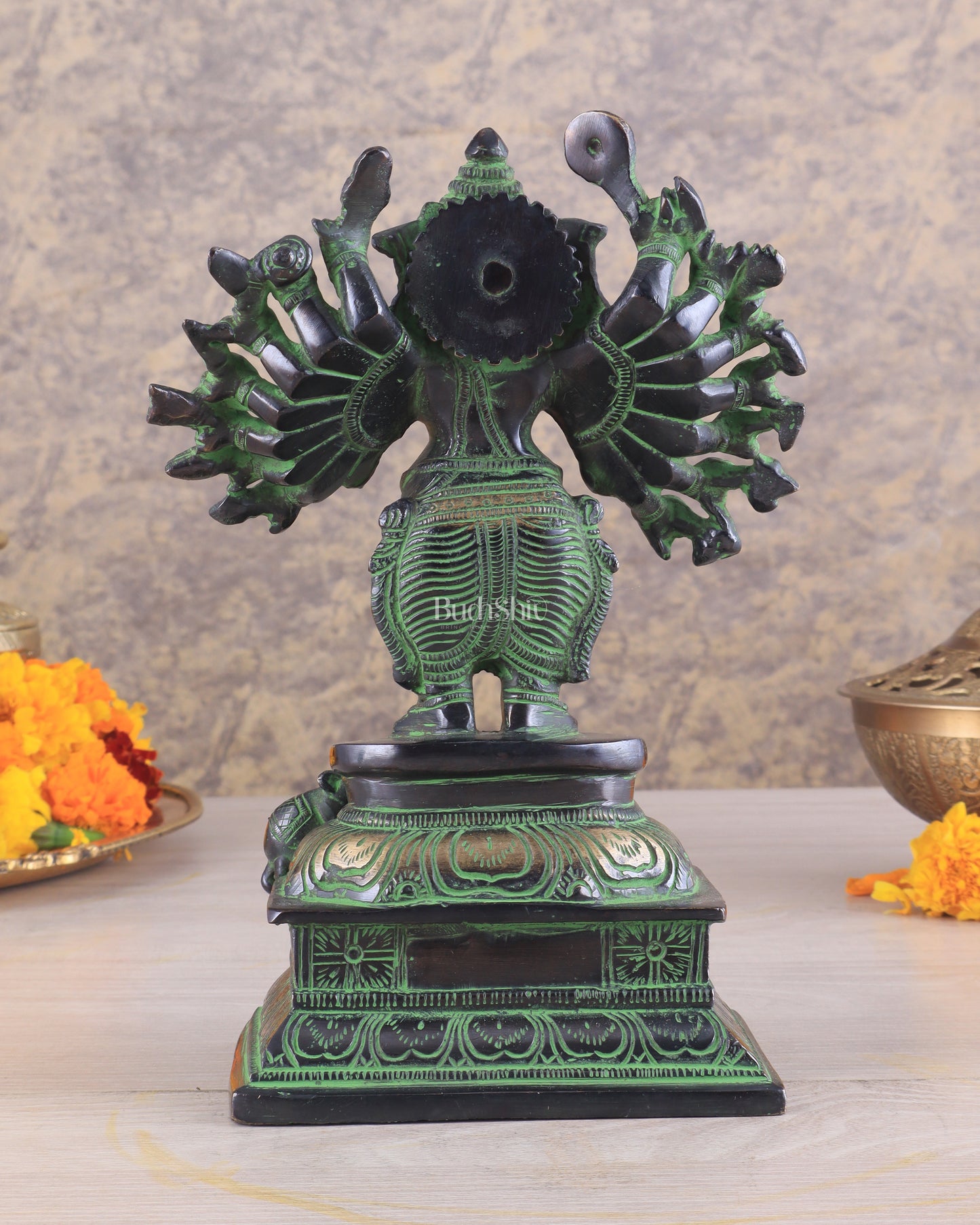 Brass Standing Lord Ganesha Idol with 16 Arms - 8.5 Inch black and green patina tone