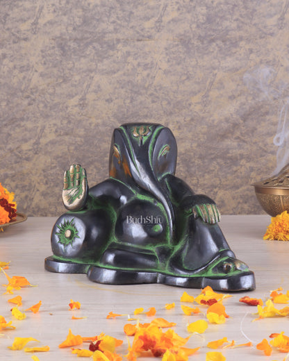 Pure Brass Handcrafted Modern Ganesha Statue in Resting Posture
Vintage Black and Green Tone 11 inch