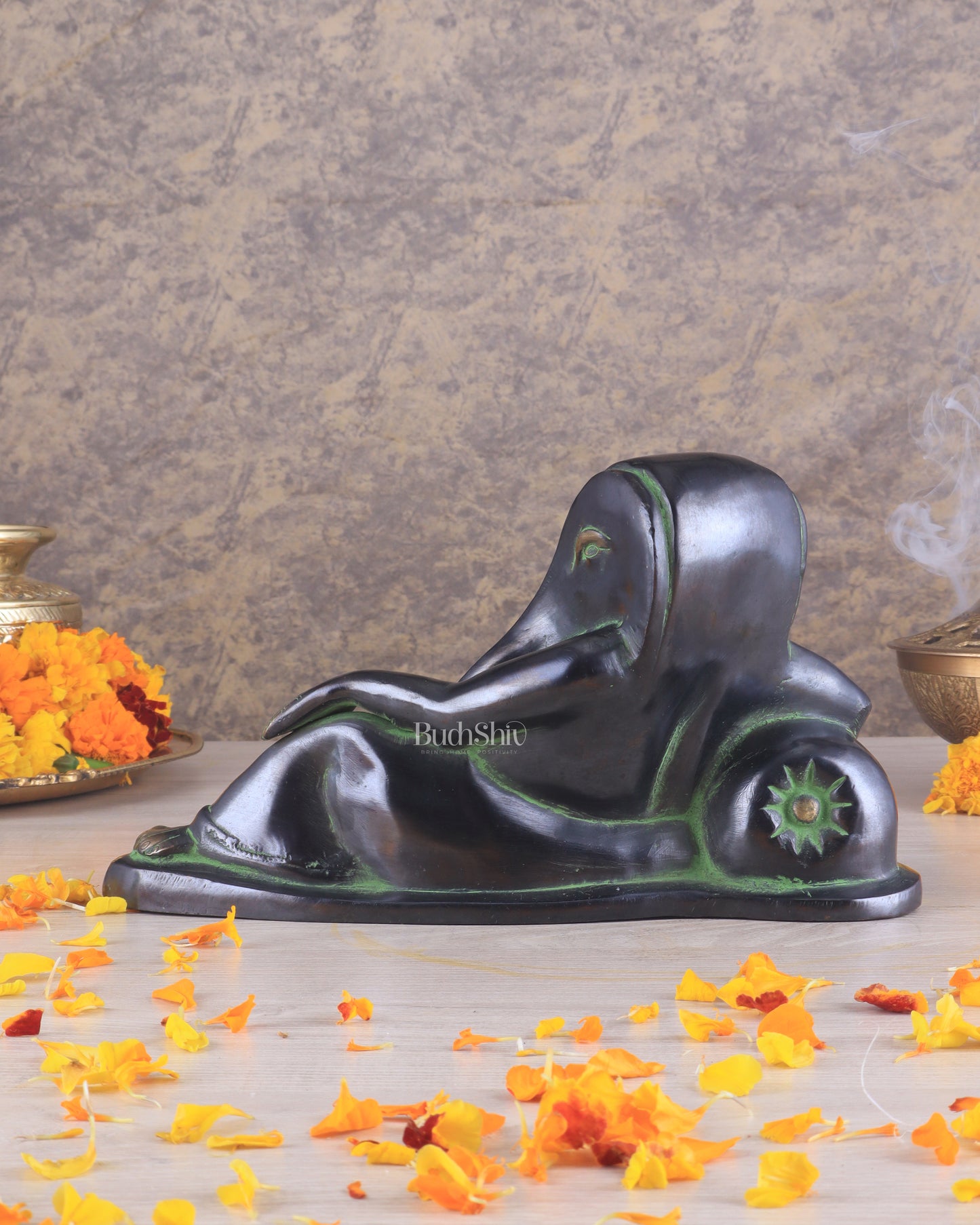 Pure Brass Handcrafted Modern Ganesha Statue in Resting Posture
Vintage Black and Green Tone 11 inch