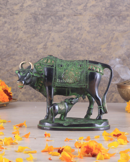 Pure Brass Kamadhenu Cow with Calf Statue – Black and Green Tone