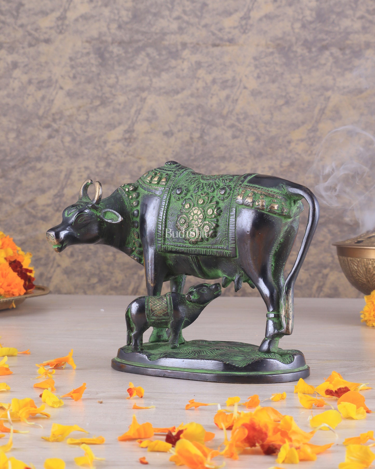 Pure Brass Kamadhenu Cow with Calf Statue – Black and Green Tone