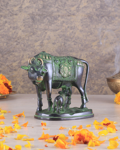 Pure Brass Kamadhenu Cow with Calf Statue – Black and Green Tone