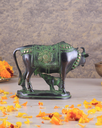 Pure Brass Kamadhenu Cow with Calf Statue – Black and Green Tone