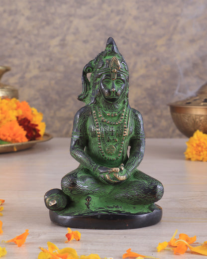 Brass Hanuman Ji in Meditation – Antique Black & Green Tone 5"