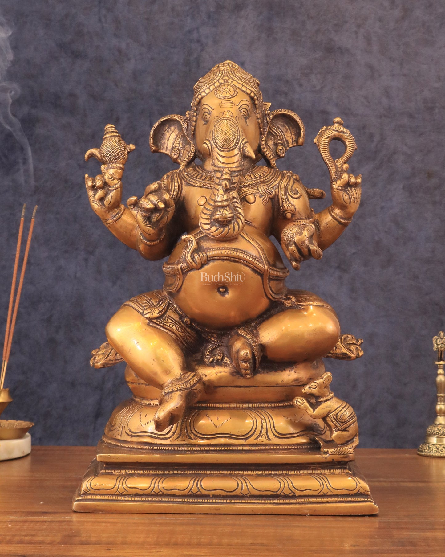 Pure Brass Chola Style Ganesha Statue in Antique Tone - 13"